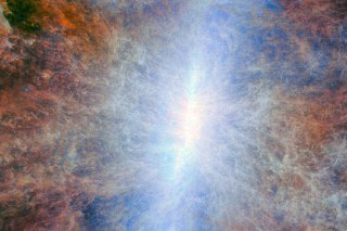 【大熊座 M82 星爆星系】欧空局公布一张 JWST 太空望远镜拍摄的大熊座 M82 星系中央区域照片，星系盘呈现强烈的蓝白色辉光。这个星系距离地球仅1200万光年，是已知最接近地球的星爆星系，亮度相当于银河系的5倍，新恒星诞生速度达到银河系的10倍。M82 星系包含超过100个超级星团，每个星团里有约10万颗恒星。天文学家推测该星系的高恒星诞生速度与邻近星系引力作用有关，预计其星爆过程还将持续数千万年。 source