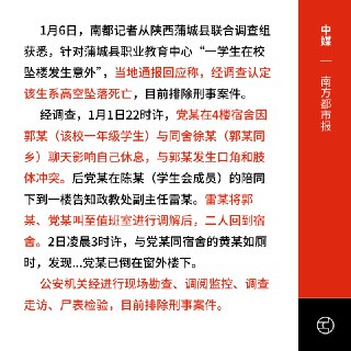 陕西蒲城学生坠楼事件引数千人示威抗议陕西蒲城县职业教育中心1月1日发生学生坠楼事件，死者党某因与同舍学生郭某发生冲突后，于凌晨3时被发现倒在宿舍楼下。当地公安通报排除刑事案件。有自媒体指出，通报内容缺乏透明性，多处“巧合”引发公众质疑。1月4日起，死者家属及网友在校门口发起抗议，要求校方给出解释。1月5日晚，抗议规模骤增至数千人，与大批警察爆发冲突。据目击者称，冲突因死者舅舅被警方强行带走并殴打而升级，激怒现场人群，他们冲进校园要求释放被捕亲属，过程中多人受伤或被拘。港媒记者6日下午致电蒲城县委宣传部，当局